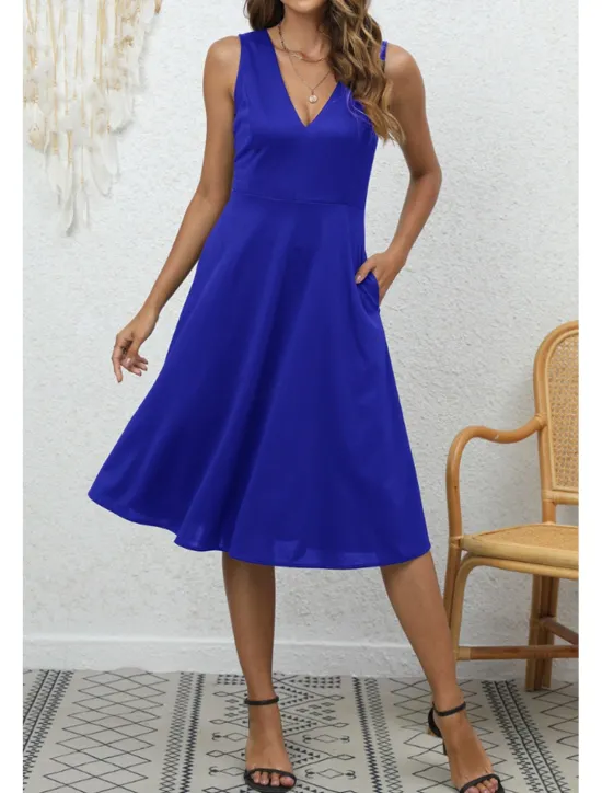 Discount Women's Midi Dress Party Dress Cocktail Dress Fashion Party Birthday Date Regular Fit Plain Sleeveless V Neck Black Wine Blue Dark Green Summer Women Cocktail Dress
