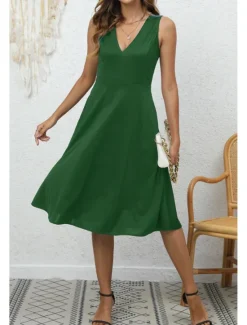 Discount Women's Midi Dress Party Dress Cocktail Dress Fashion Party Birthday Date Regular Fit Plain Sleeveless V Neck Black Wine Blue Dark Green Summer Women Cocktail Dress