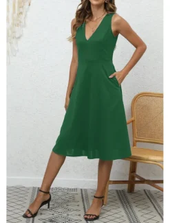 Discount Women's Midi Dress Party Dress Cocktail Dress Fashion Party Birthday Date Regular Fit Plain Sleeveless V Neck Black Wine Blue Dark Green Summer Women Cocktail Dress