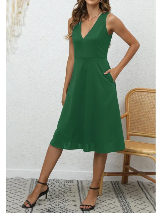 Discount Women's Midi Dress Party Dress Cocktail Dress Fashion Party Birthday Date Regular Fit Plain Sleeveless V Neck Black Wine Blue Dark Green Summer Women Cocktail Dress