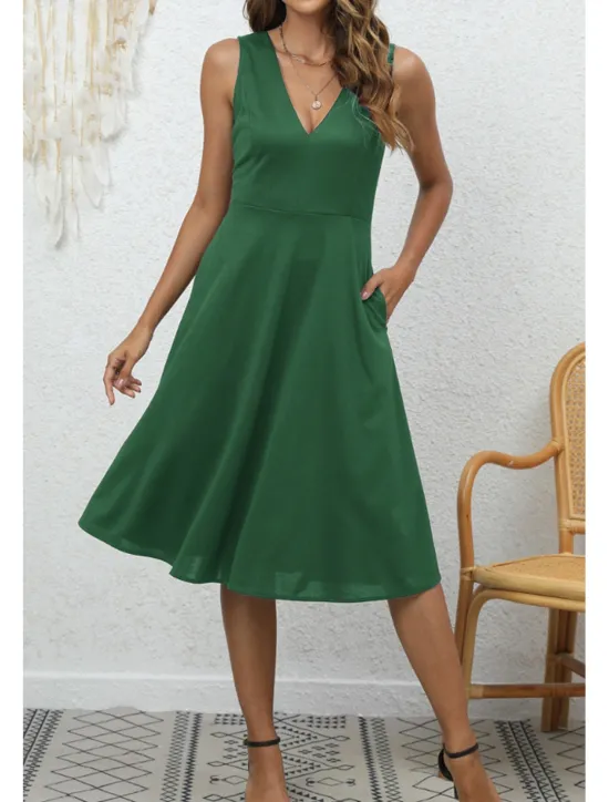 Discount Women's Midi Dress Party Dress Cocktail Dress Fashion Party Birthday Date Regular Fit Plain Sleeveless V Neck Black Wine Blue Dark Green Summer Women Cocktail Dress