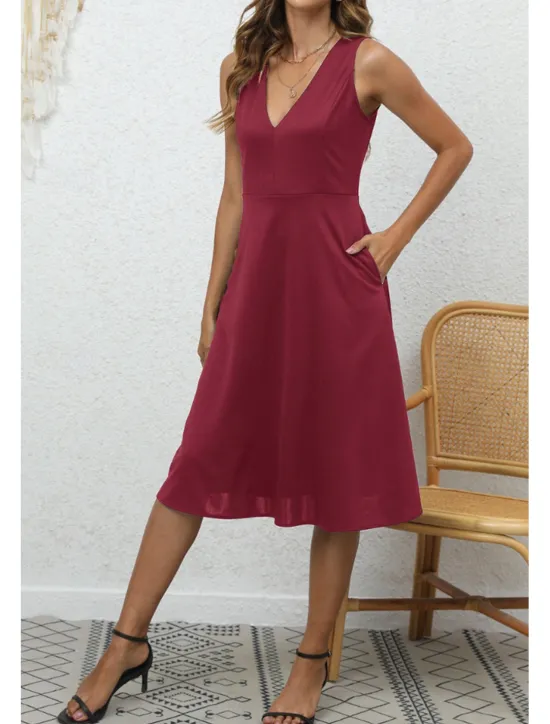 Discount Women's Midi Dress Party Dress Cocktail Dress Fashion Party Birthday Date Regular Fit Plain Sleeveless V Neck Black Wine Blue Dark Green Summer Women Cocktail Dress