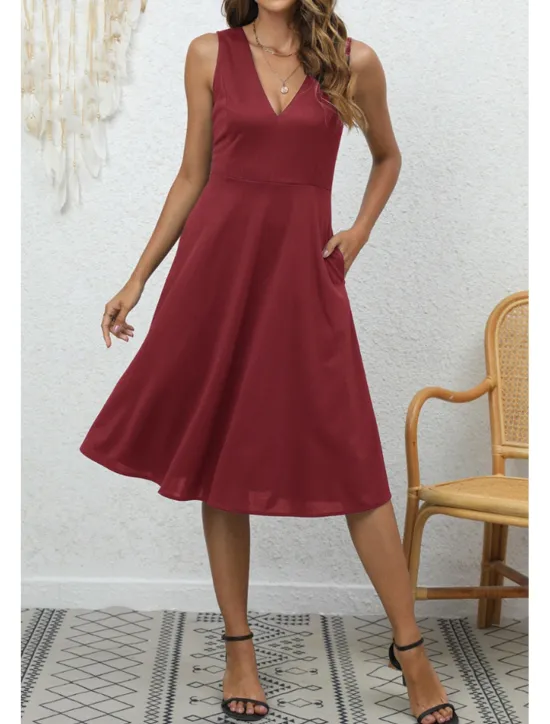 Discount Women's Midi Dress Party Dress Cocktail Dress Fashion Party Birthday Date Regular Fit Plain Sleeveless V Neck Black Wine Blue Dark Green Summer Women Cocktail Dress