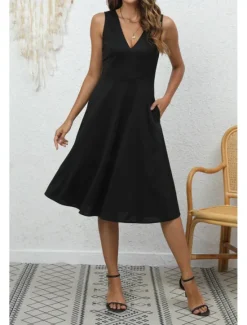 Discount Women's Midi Dress Party Dress Cocktail Dress Fashion Party Birthday Date Regular Fit Plain Sleeveless V Neck Black Wine Blue Dark Green Summer Women Cocktail Dress