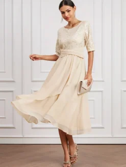 Sale Women's Midi Dress Plain Dress Elegant Casual Street Date Regular Fit Plain Half Sleeve Crew Neck Summer Spring Fall Women Cocktail Dress