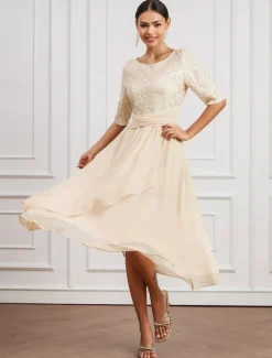 Sale Women's Midi Dress Plain Dress Elegant Casual Street Date Regular Fit Plain Half Sleeve Crew Neck Summer Spring Fall Women Cocktail Dress