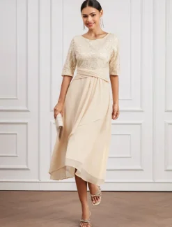 Sale Women's Midi Dress Plain Dress Elegant Casual Street Date Regular Fit Plain Half Sleeve Crew Neck Summer Spring Fall Women Cocktail Dress