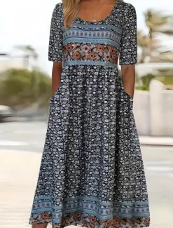 Clearance Women's Midi Dress Pleated Dress Vacation Casual Boho Going out Beach Regular Fit Floral Graphic Paisley Short Sleeve Crewneck Blue and White Dark Blue Summer Women Casual Dress|Vacation Dresses