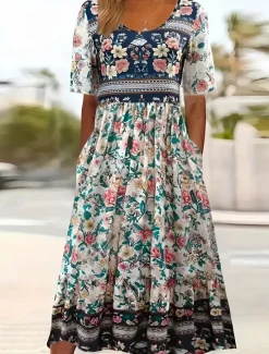 Clearance Women's Midi Dress Pleated Dress Vacation Casual Boho Going out Beach Regular Fit Floral Graphic Paisley Short Sleeve Crewneck Blue and White Dark Blue Summer Women Casual Dress|Vacation Dresses