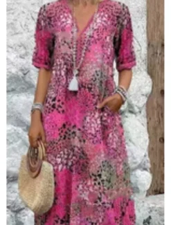 Discount Women's Midi Dress Print Dress Modern Outdoor Vacation Holiday Regular Fit Flower Short Sleeve V Neck Red Blue Khaki Rose Pink Summer Women Floral Dresses