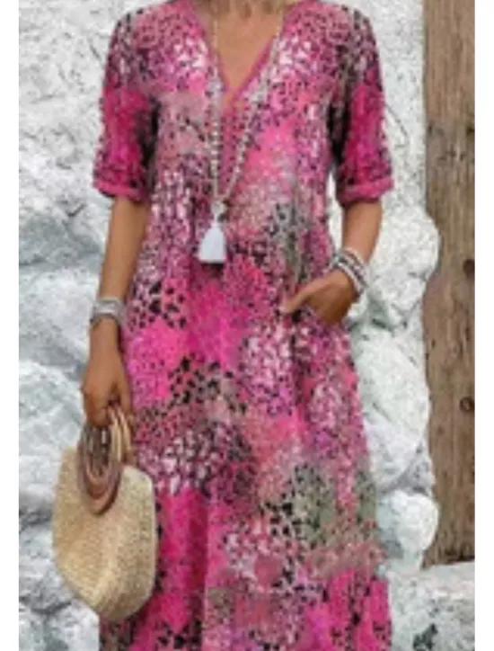 Discount Women's Midi Dress Print Dress Modern Outdoor Vacation Holiday Regular Fit Flower Short Sleeve V Neck Red Blue Khaki Rose Pink Summer Women Floral Dresses