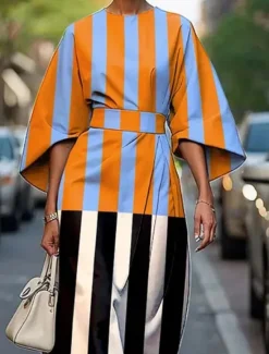 Best Women's Midi Dress Print Dress Elegant Fashion Outdoor Holiday Date Regular Fit Color Block Striped Half Sleeve Crew Neck Black White Summer Women Floral Dresses
