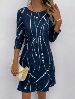 Hot Women's Midi Dress Round Neckline Abstract Beaded Constellation Pattern A-Line Three Quarter Sleeve Velvet Texture Navy Casual to Formal Occasions Women Cocktail Dress