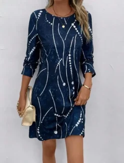 Hot Women's Midi Dress Round Neckline Abstract Beaded Constellation Pattern A-Line Three Quarter Sleeve Velvet Texture Navy Casual to Formal Occasions Women Cocktail Dress