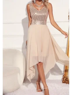 Women's Midi Dress Sequin Dress Party Dress Fashion Party Evening Party Regular Fit Color Block Sleeveless V Neck Green Apricot Summer Women Cocktail Dress