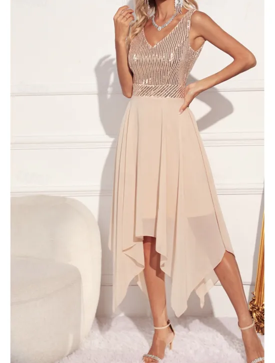 Women's Midi Dress Sequin Dress Party Dress Fashion Party Evening Party Regular Fit Color Block Sleeveless V Neck Green Apricot Summer Women Cocktail Dress