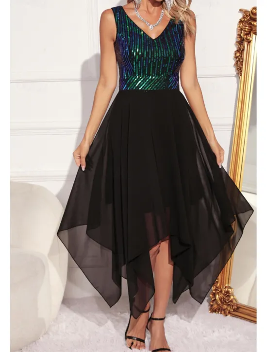 Women's Midi Dress Sequin Dress Party Dress Fashion Party Evening Party Regular Fit Color Block Sleeveless V Neck Green Apricot Summer Women Cocktail Dress