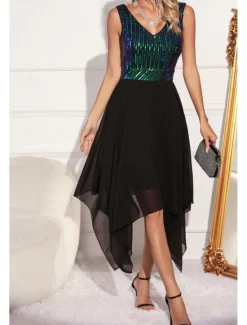 Women's Midi Dress Sequin Dress Party Dress Fashion Party Evening Party Regular Fit Color Block Sleeveless V Neck Green Apricot Summer Women Cocktail Dress