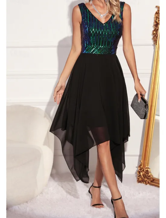 Women's Midi Dress Sequin Dress Party Dress Fashion Party Evening Party Regular Fit Color Block Sleeveless V Neck Green Apricot Summer Women Cocktail Dress