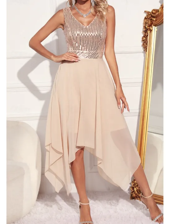 Women's Midi Dress Sequin Dress Party Dress Fashion Party Evening Party Regular Fit Color Block Sleeveless V Neck Green Apricot Summer Women Cocktail Dress