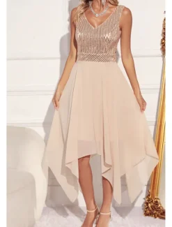 Women's Midi Dress Sequin Dress Party Dress Fashion Party Evening Party Regular Fit Color Block Sleeveless V Neck Green Apricot Summer Women Cocktail Dress