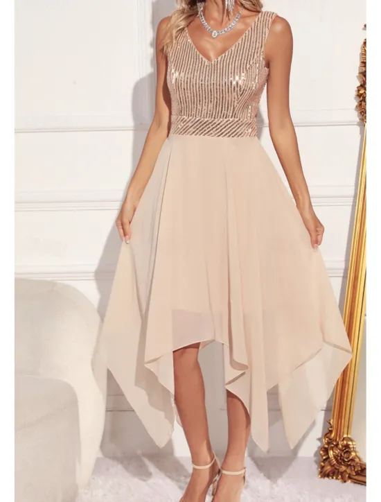 Women's Midi Dress Sequin Dress Party Dress Fashion Party Evening Party Regular Fit Color Block Sleeveless V Neck Green Apricot Summer Women Cocktail Dress