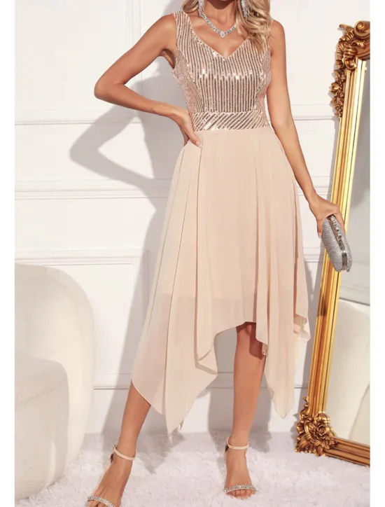 Women's Midi Dress Sequin Dress Party Dress Fashion Party Evening Party Regular Fit Color Block Sleeveless V Neck Green Apricot Summer Women Cocktail Dress