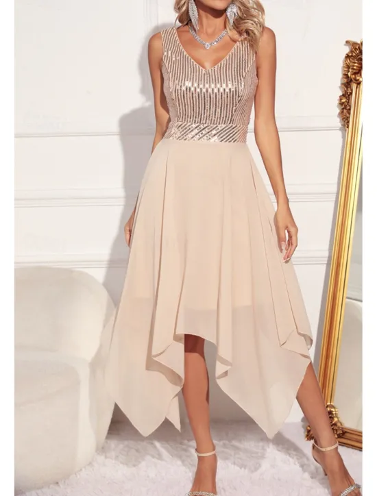 Women's Midi Dress Sequin Dress Party Dress Fashion Party Evening Party Regular Fit Color Block Sleeveless V Neck Green Apricot Summer Women Cocktail Dress