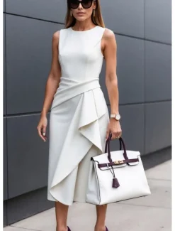 Online Women's Midi Dress Sheath Dress Summer Dress Ruched Dress Elegant Date Summer Dress Regular Fit Pure Color Sleeveless Crew Neck White Blue Purple Summer Women Work Dresses