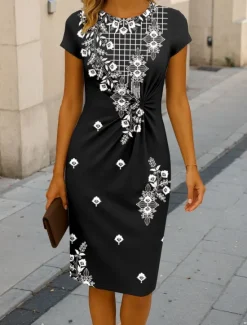 Online Women's Midi Dress Sheath Dress Bodycon Dress Formal Boho Daily Regular Fit Graphic Tribal Short Sleeve Crew Neck Summer Spring Women Work Dresses|Casual Dress
