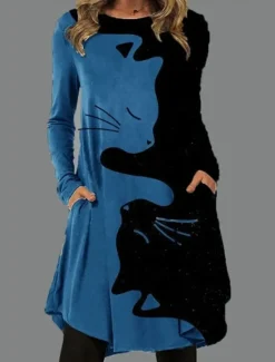 Sale Women's Midi Dress Sheath Dress T Shirt Dress Tee Dress A Line Dress Athletic Dress Vacation Casual Boho Daily Regular Fit Graphic Cat Long Sleeve Crew Neck Blue Gray Summer Spring Fall Women Casual Dress|T Shirt Dresses