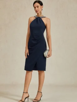 Online Women's Midi Dress Sheath Dress Elegant Wedding Party Wedding Guest Regular Fit Solid Color Sleeveless Halter Neck Off Shoulder Fall Winter Women Cocktail Dress