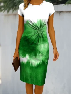 Online Women's Midi Dress Sheath Dress Bodycon Dress Formal Boho Daily Regular Fit Ombre Graphic Abstract Short Sleeve Crew Neck Red Blue Purple Green Summer Spring Women Work Dresses