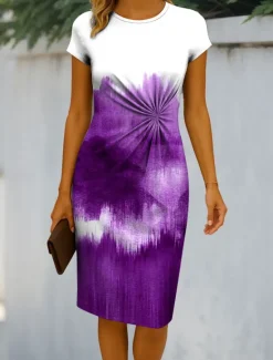 Online Women's Midi Dress Sheath Dress Bodycon Dress Formal Boho Daily Regular Fit Ombre Graphic Abstract Short Sleeve Crew Neck Red Blue Purple Green Summer Spring Women Work Dresses