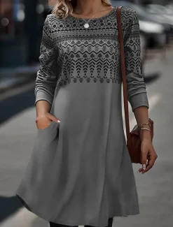 Discount Women's Midi Dress Sheath Dress T Shirt Dress Tee Dress A Line Dress Athletic Dress Vacation Casual Boho Daily Regular Fit Graphic Geometric Houndstooth Long Sleeve Crew Neck Blue Khaki Gray Summer Women T Shirt Dresses