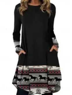 New Women's Midi Dress Sheath Dress T Shirt Dress Tee Dress A Line Dress Athletic Dress Casual Boho Daily Loose Fit Graphic Geometric Houndstooth Long Sleeve Crew Neck Black Pink Blue Dark Grey Women Casual Dress|T Shirt Dresses