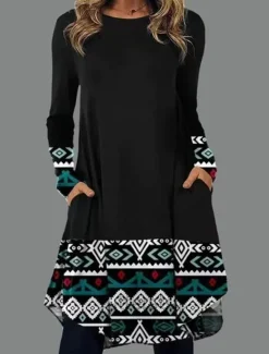 New Women's Midi Dress Sheath Dress T Shirt Dress Tee Dress A Line Dress Athletic Dress Casual Boho Daily Loose Fit Graphic Geometric Houndstooth Long Sleeve Crew Neck Black Pink Blue Dark Grey Women Casual Dress|T Shirt Dresses