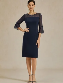 Hot Women's Midi Dress Sheath Dress Elegant Regular Fit Solid Color Half Sleeve Crew Neck Summer Spring Women Cocktail Dress