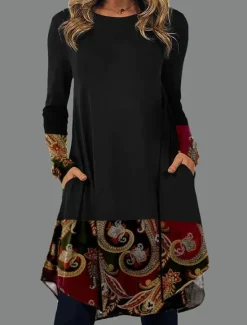 Outlet Women's Midi Dress Sheath Dress T Shirt Dress Tee Dress A Line Dress Athletic Dress Vacation Casual Boho Daily Regular Fit Graphic Geometric Houndstooth Long Sleeve Crew Neck Blue Brown Green Rainbow Women Casual Dress|T Shirt Dresses