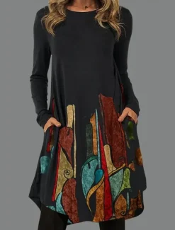 Outlet Women's Midi Dress Sheath Dress T Shirt Dress Tee Dress A Line Dress Athletic Dress Vacation Casual Boho Daily Regular Fit Graphic Geometric Houndstooth Long Sleeve Crew Neck Blue Brown Green Rainbow Women Casual Dress|T Shirt Dresses