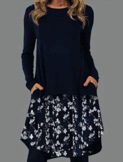 Sale Women's Midi Dress Sheath Dress T Shirt Dress Tee Dress A Line Dress Athletic Dress Vacation Casual Boho Daily Regular Fit Graphic Geometric Houndstooth Long Sleeve Crew Neck Red Blue Gold Gray Women T Shirt Dresses