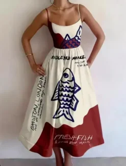 Clearance Women's Midi Dress Sheath Dress Vacation Casual Formal Party Graphic Animal Fish Sleeveless Spaghetti Strap White+Black Blue White White Red Summer Spring Women Vacation Dresses
