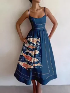 Clearance Women's Midi Dress Sheath Dress Vacation Casual Formal Party Graphic Animal Fish Sleeveless Spaghetti Strap White+Black Blue White White Red Summer Spring Women Vacation Dresses