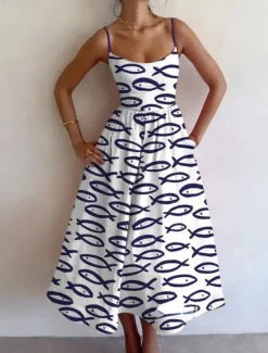 Clearance Women's Midi Dress Sheath Dress Vacation Casual Formal Party Graphic Animal Fish Sleeveless Spaghetti Strap White+Black Blue White White Red Summer Spring Women Vacation Dresses