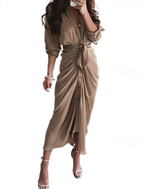 New Women's Midi Dress Sheath Dress Fashion Vacation Going out Weekend Regular Fit Tie Dye Plain Long Sleeve V Neck White Yellow Navy Blue Khaki Summer Women Cocktail Dress