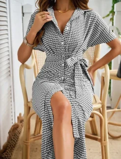 Outlet Women's Midi Dress Sheath Dress Summer Dress Casual Daily Regular Fit Graphic Short Sleeve Lapel Black Brown Summer Women Casual Dress