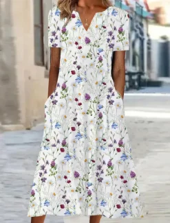 Online Women's Midi Dress Shift Dress Floral Pocket Print V Neck Date Vacation Short Sleeve Summer Spring Women Spring Dresses|Casual Dress