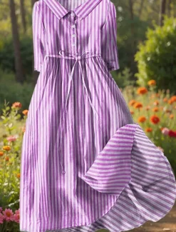 Women's Midi Dress Shift Dress Casual Daily Regular Fit Graphic Striped Half Sleeve Shirt Collar Red Blue Purple Green Summer Spring Women Casual Dress