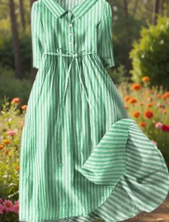 Women's Midi Dress Shift Dress Casual Daily Regular Fit Graphic Striped Half Sleeve Shirt Collar Red Blue Purple Green Summer Spring Women Casual Dress