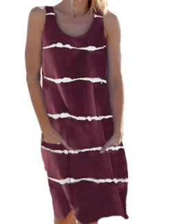 Hot Women's Midi Dress Shift Dress Casual Regular Fit Striped Sleeveless Black White Wine Army Green Summer Spring Women Sundresses